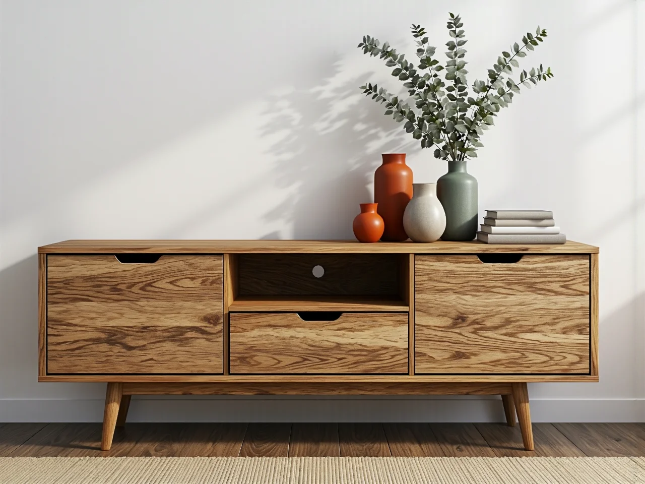 Minimalistyczna komoda do skandynawskiego salonu, białe fronty i drewniane nóżki