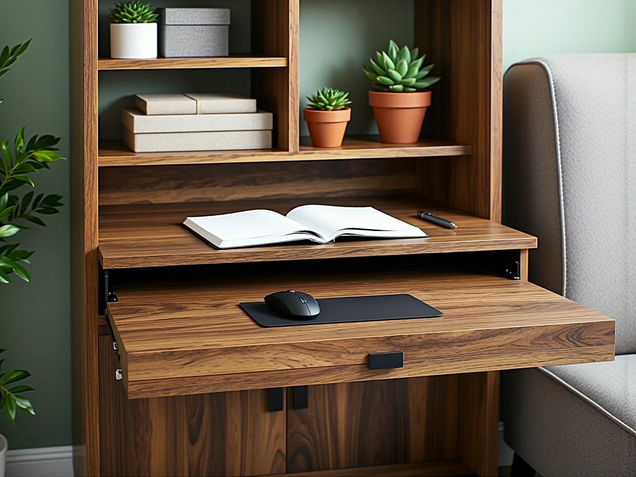 Kompaktowe meble do pracy zdalnej w salonie, optymalne wykorzystanie małej przestrzeni.