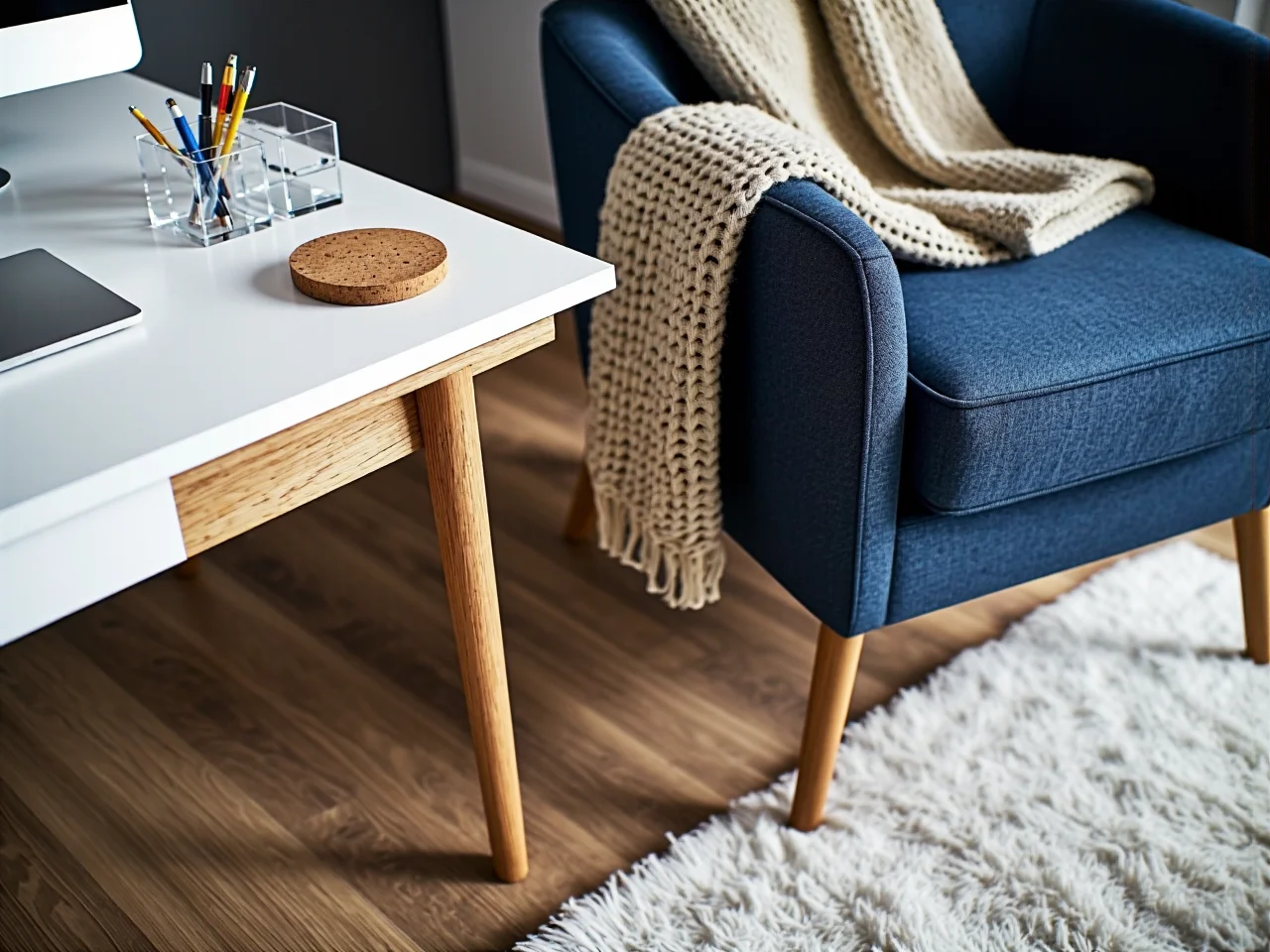 Kompaktowe miejsce do pracy z praktycznymi schowkami i półkami na dokumenty w pokoju dziennym.