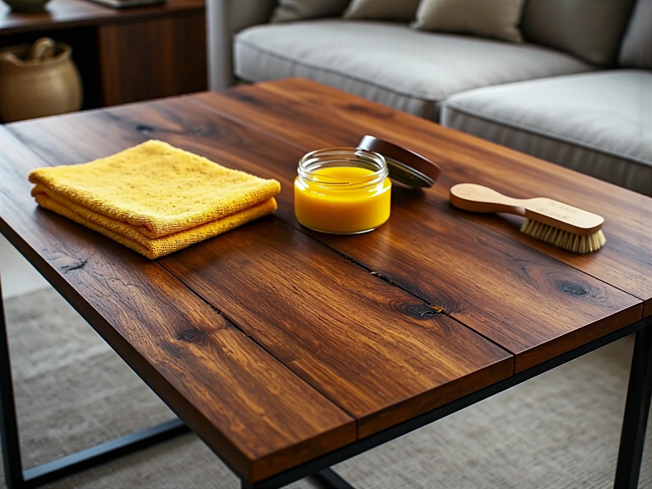 Konserwacja drewna olejowanego. Nakładanie oleju na drewniany stół dębowy.