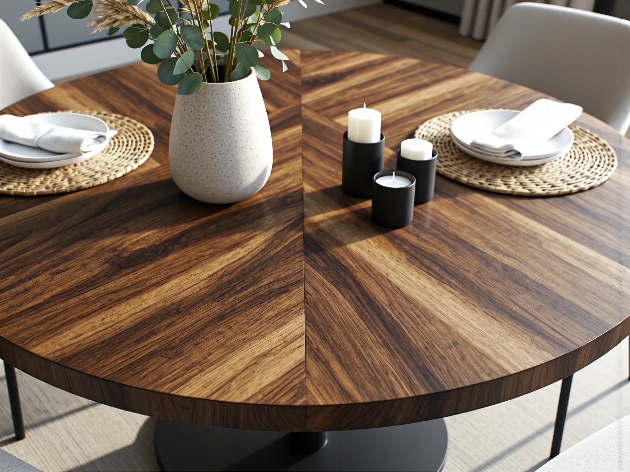 Porównanie kształtów: okrągły i prostokątny stół do jadalni, ułatwiające wybór mebla.