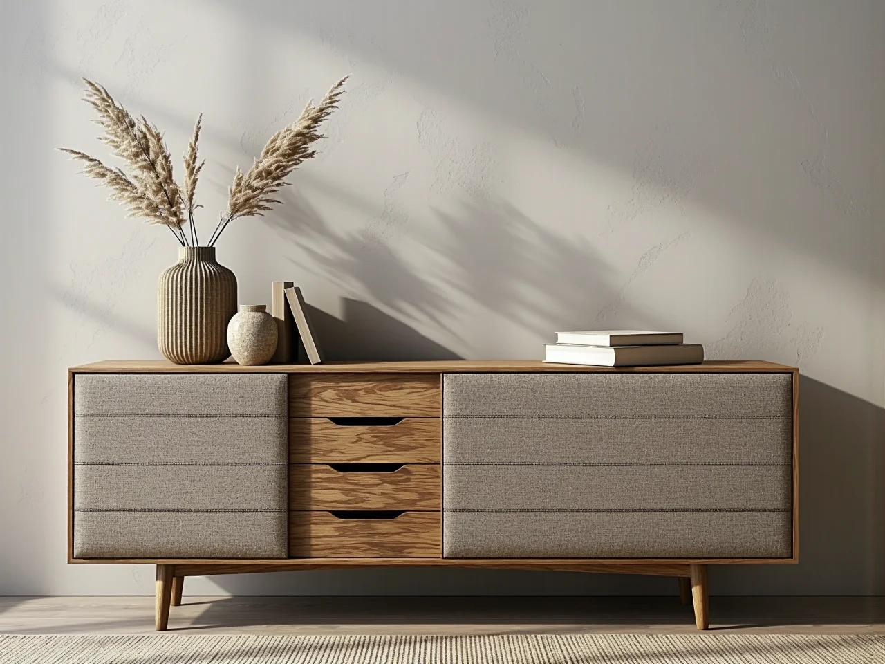 Stylowa kuchnia z kaszmirowymi frontami i drewnianymi dodatkami