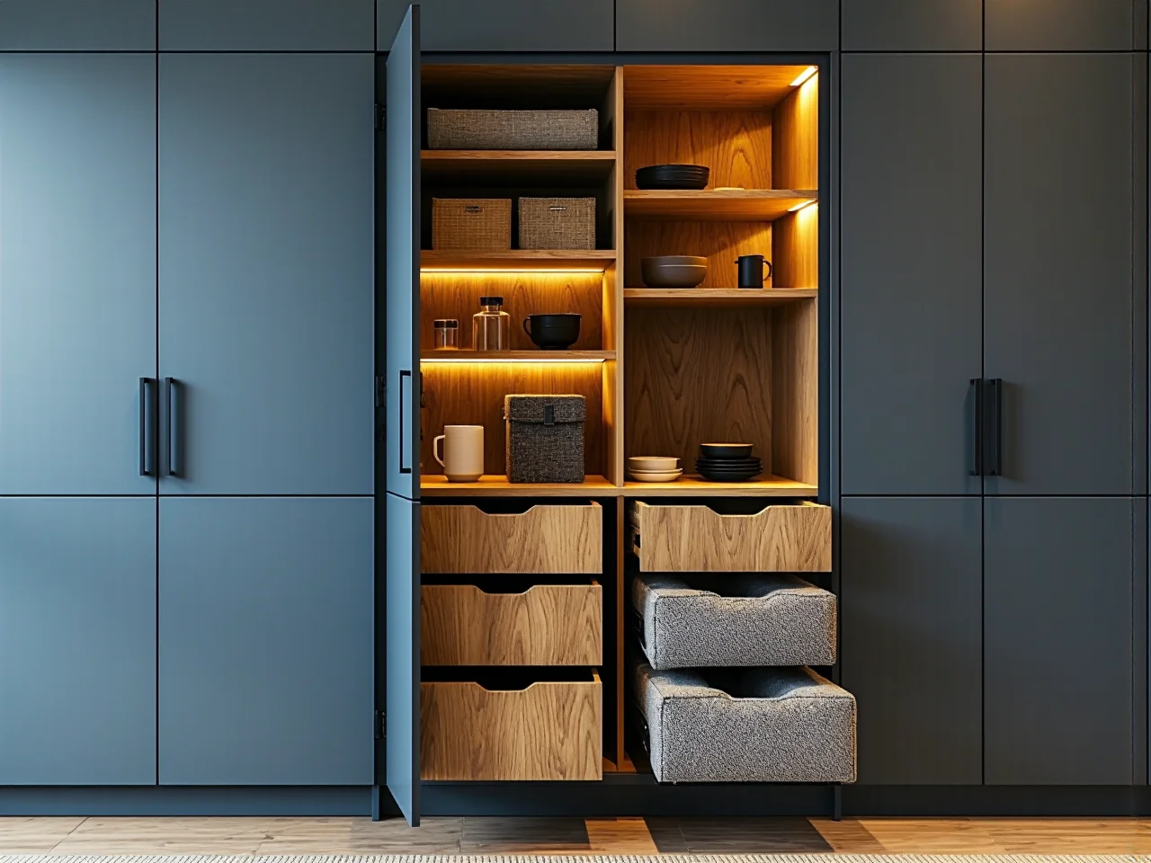 Zbliżenie na drewniane fronty szafek kuchennych i marmurowy blat, zgodnie z trendami na 2025.