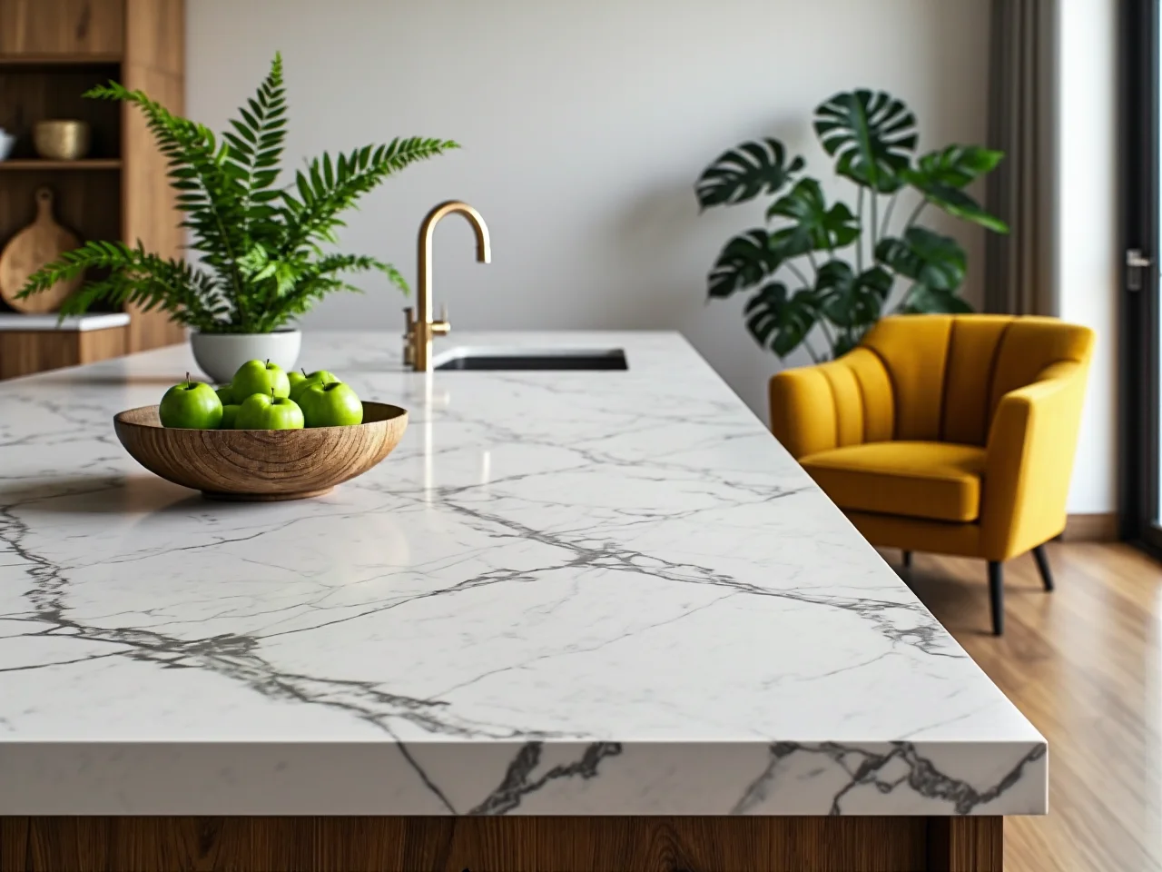 Wyspa kuchenna oddzielająca strefę roboczą od wypoczynkowej w salonie.