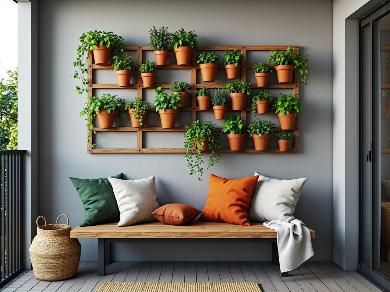 Letnia strefa relaksu z poduszkami, kocami i stylowymi dodatkami