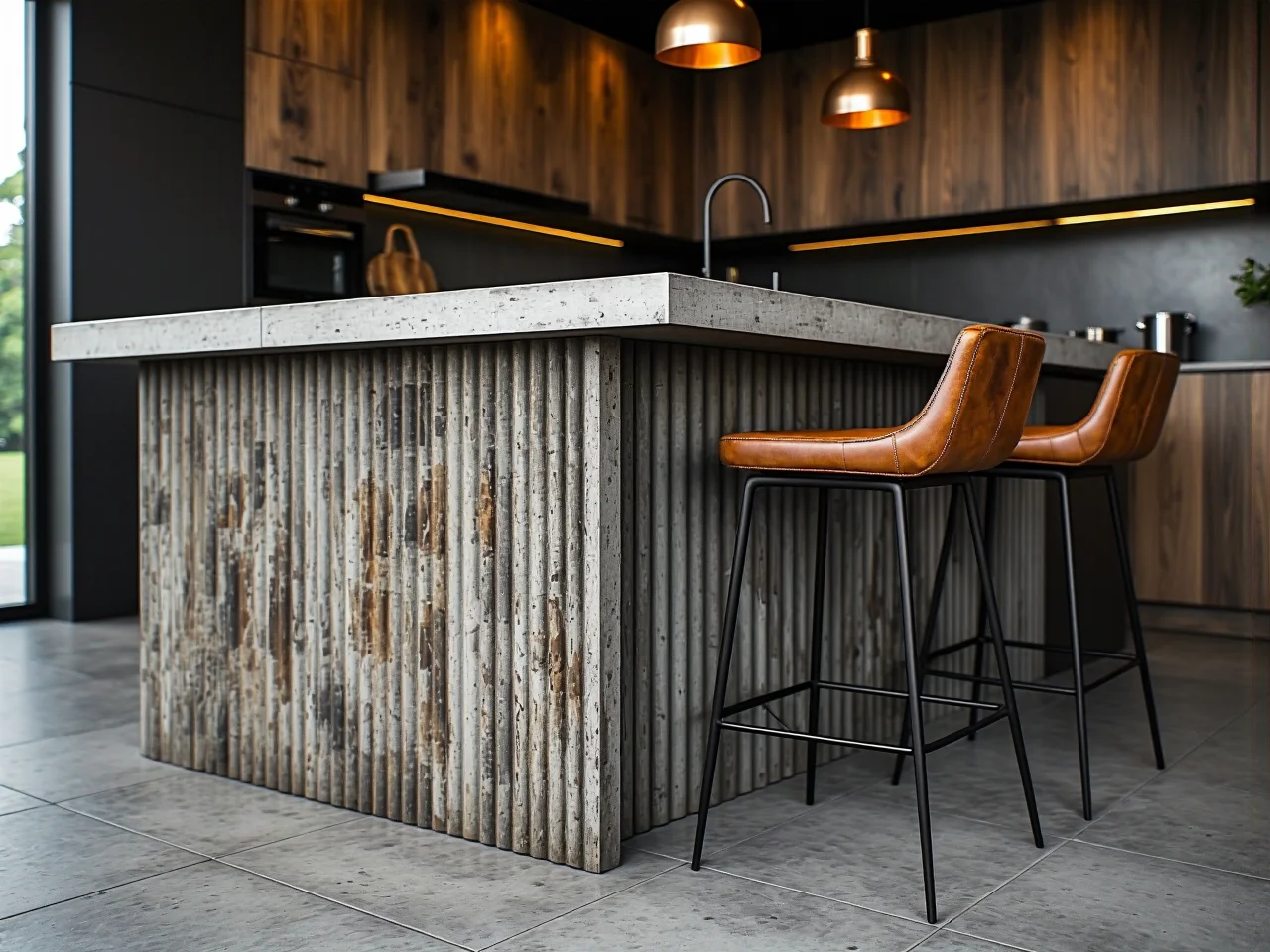 Loftowa sypialnia z drewnianym łóżkiem i industrialnym oświetleniem w surowym wnętrzu.