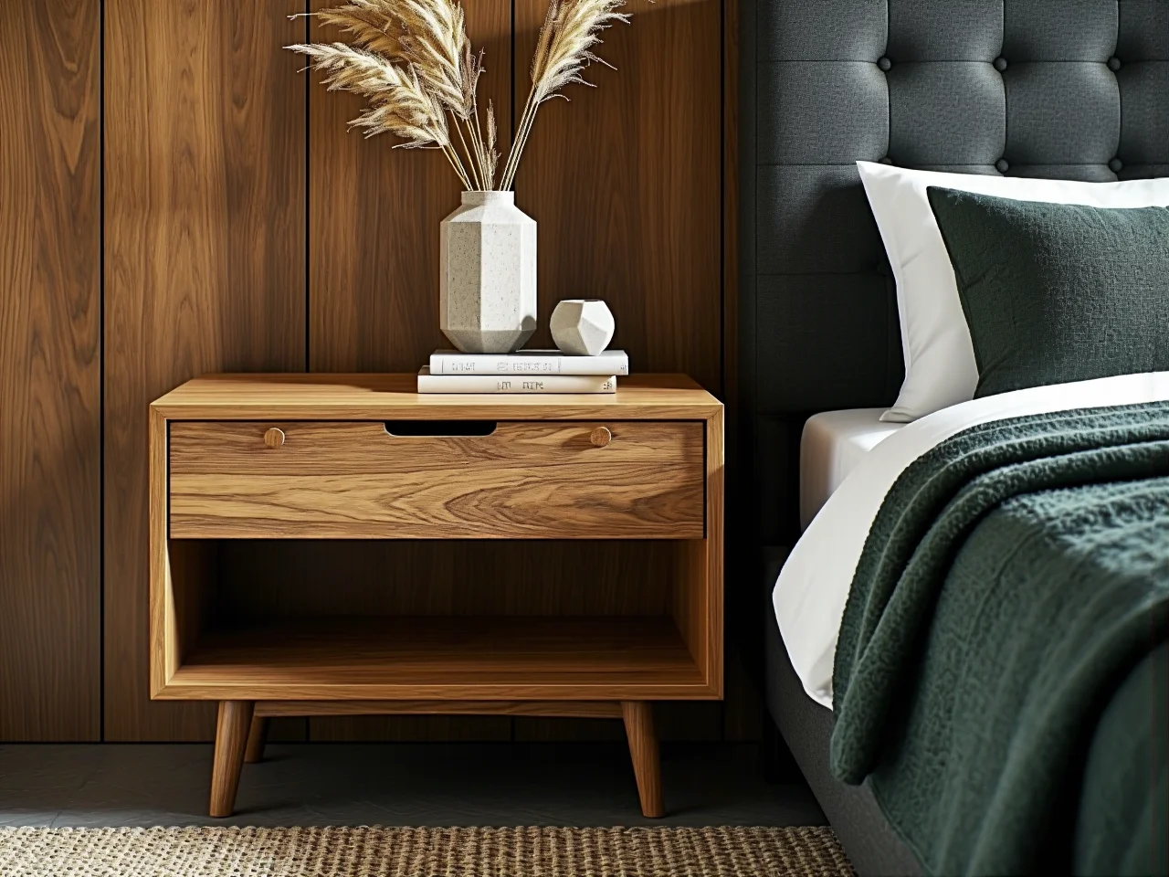 Łóżko z naturalnego drewna dębowego i rattanu, ekologiczny trend w sypialni.