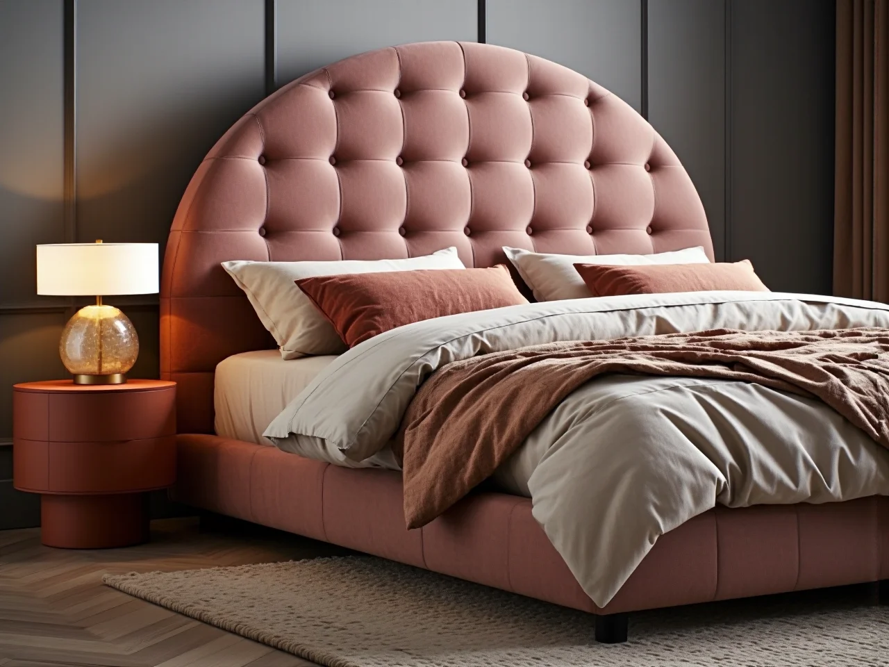 Sypialnia z łóżkiem o zaokrąglonym zagłówku wprowadzająca harmonię i spokój do wnętrza.