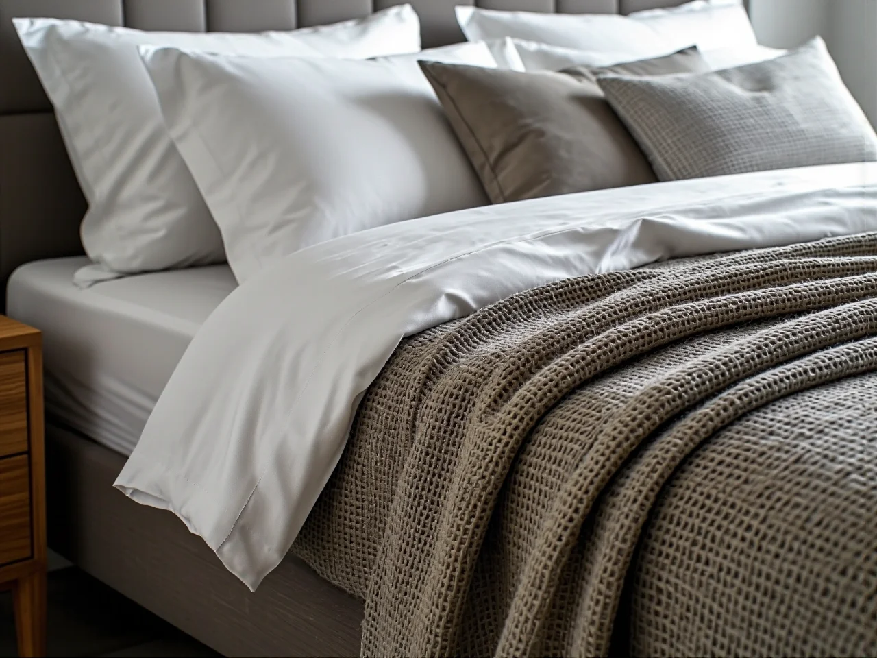 Perfekcyjnie pościelone łóżko z wieloma poduszkami i miękkim wezgłowiem w eleganckiej sypialni.