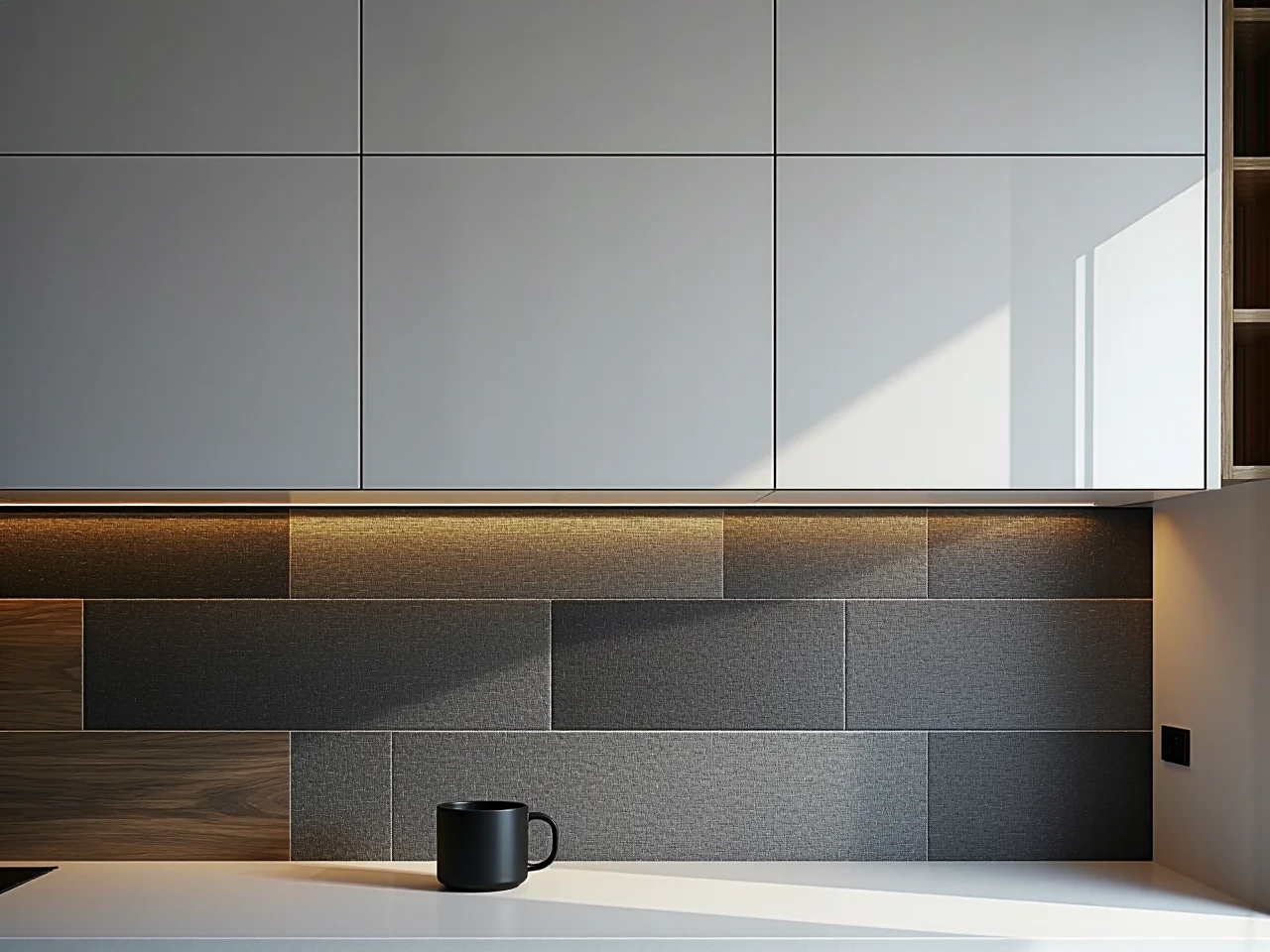 Porównanie wykończenia matowego i błyszczącego na przykładzie nowoczesnych szafek kuchennych.