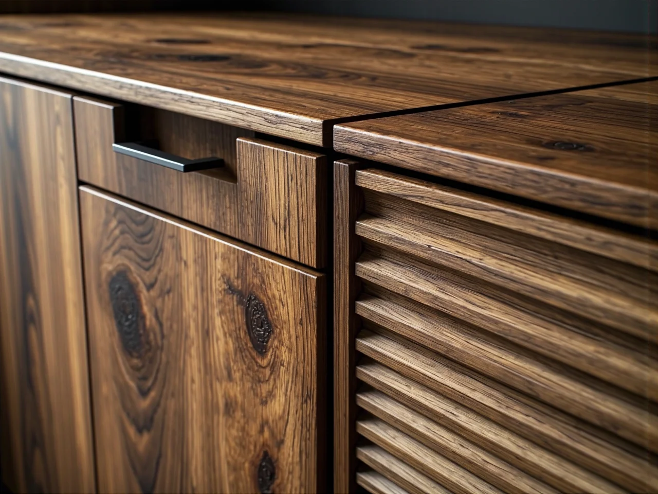 Matowe wykończenia i naturalne drewno na frontach szafek jako hit wnętrzarski 2025.