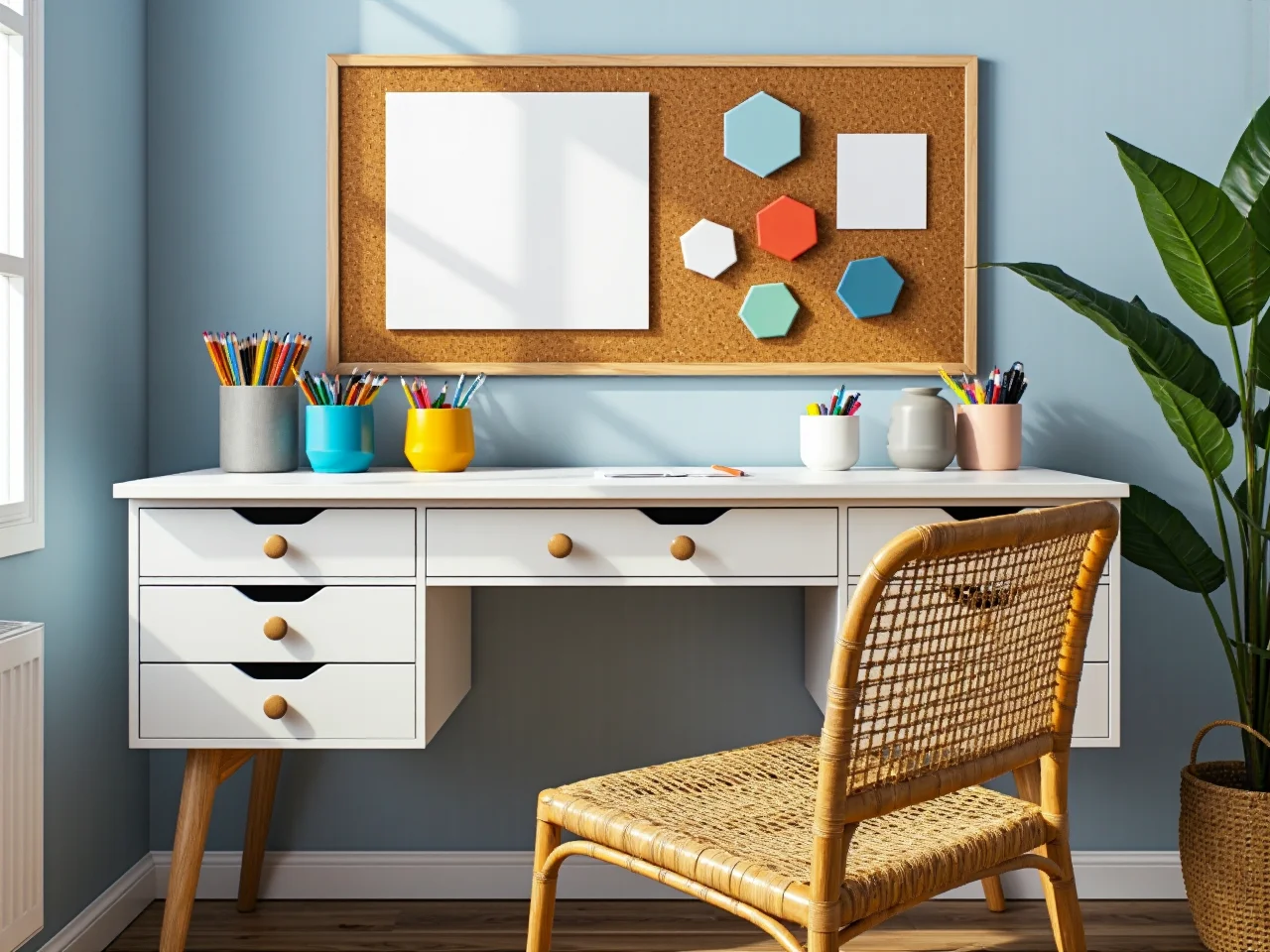 Sprytne przechowywanie w małym pokoju dziecka. Szuflady pod łóżkiem i wiszące półki oszczędzają miejsce.