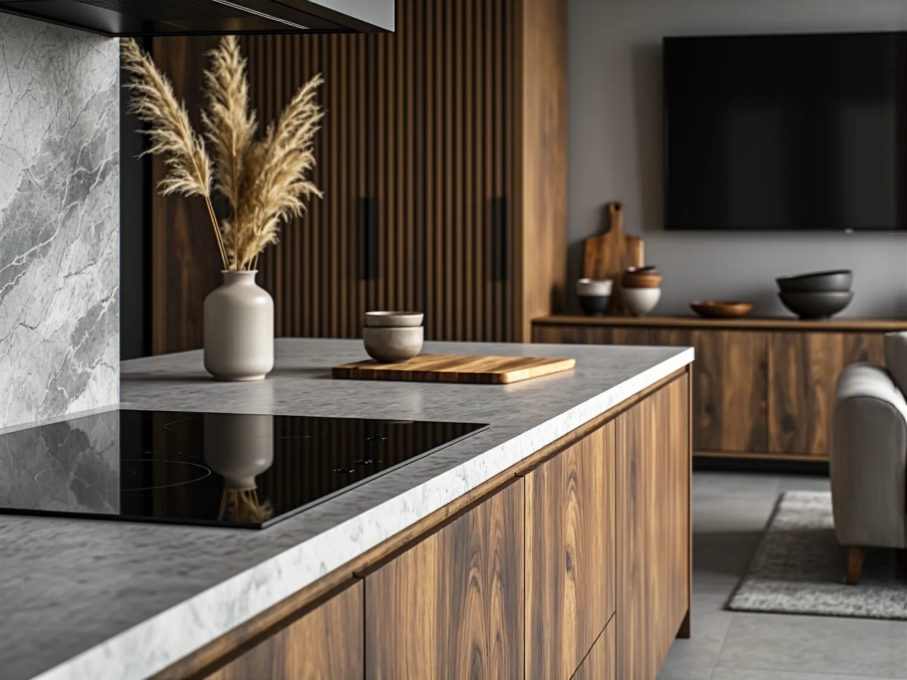 Kompaktowe meble do małego salonu połączonego z otwartą kuchnią.