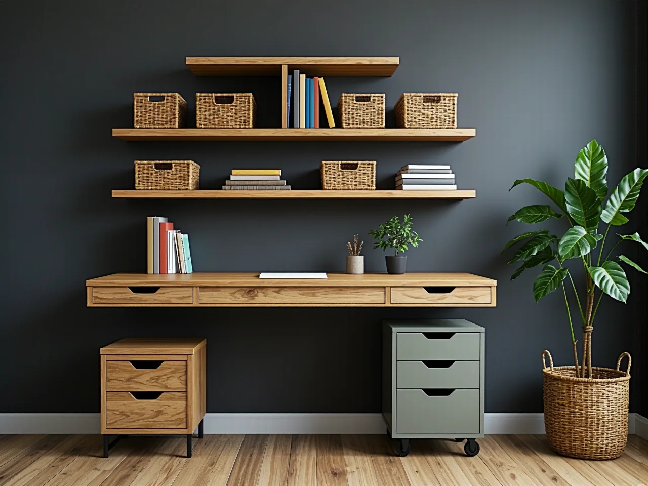 Drewniane biurko i ergonomiczny fotel idealnie dopasowane do eleganckiego wystroju salonu.