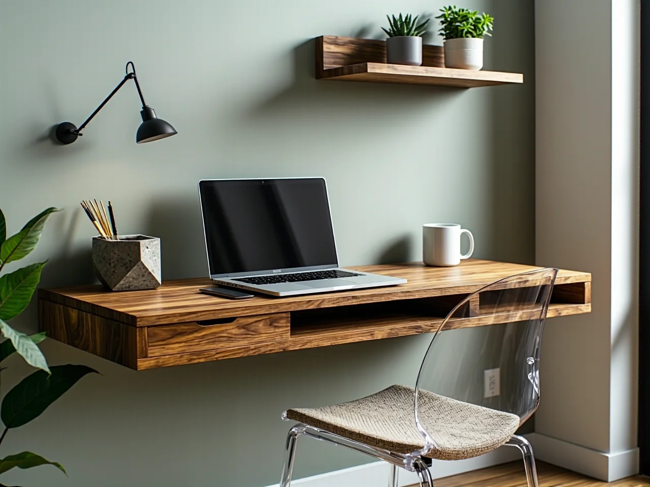 Wielofunkcyjne meble w małym salonie, w tym wygodna sofa narożna i rozkładany stolik.