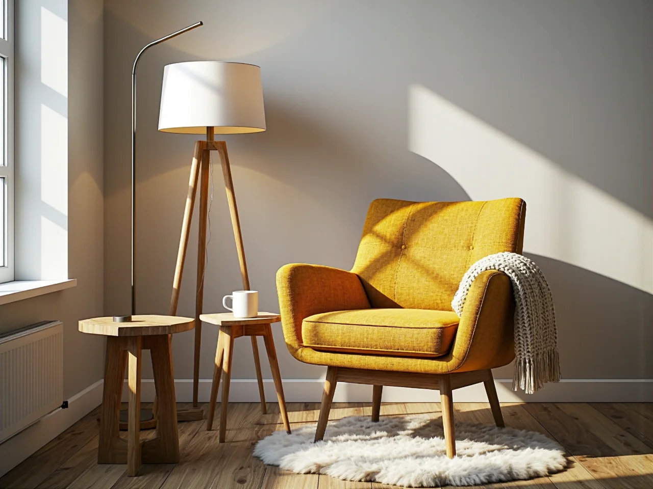 Nowoczesne meble wypoczynkowe i jasne tekstylia tworzące przytulne wnętrze