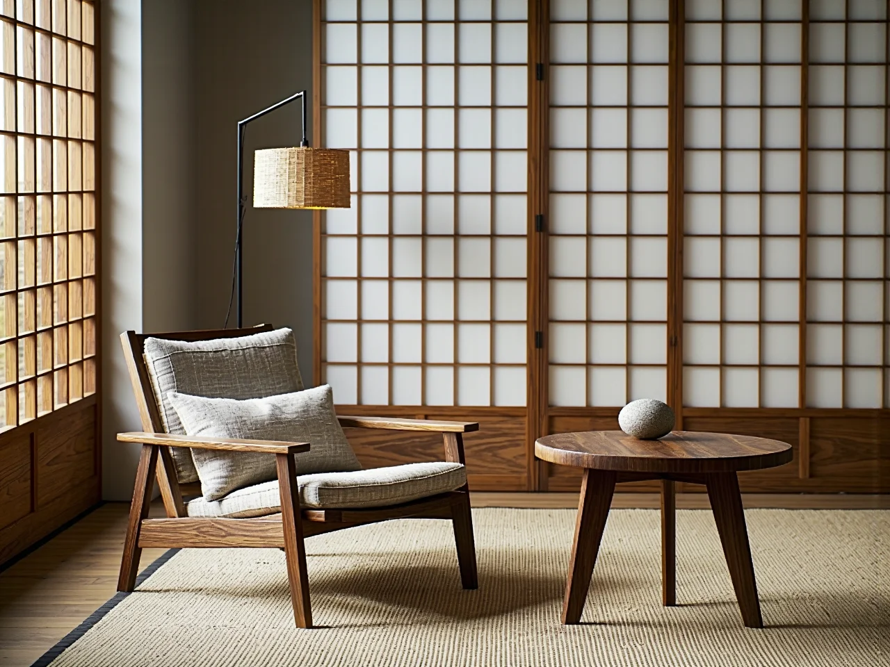 Oaza spokoju w sypialni japandi z naturalnymi meblami z drewna i jasnymi kolorami.