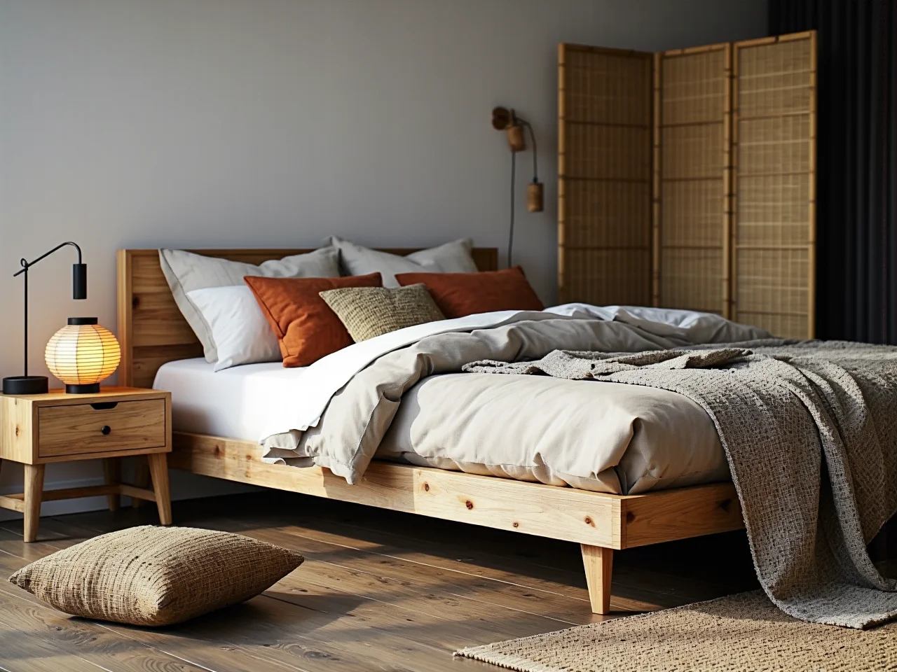 Minimalistyczna sypialnia Japandi w ziemistych barwach z subtelnymi dekoracjami z ceramiki.