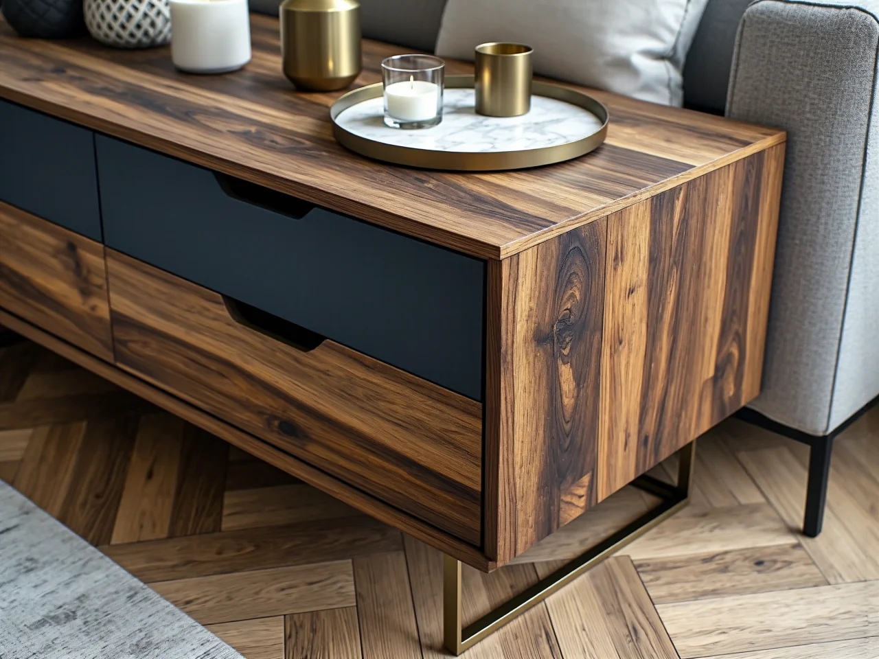 Drewniana komoda z metalowymi detalami – najnowsze trendy wnętrzarskie do salonu.