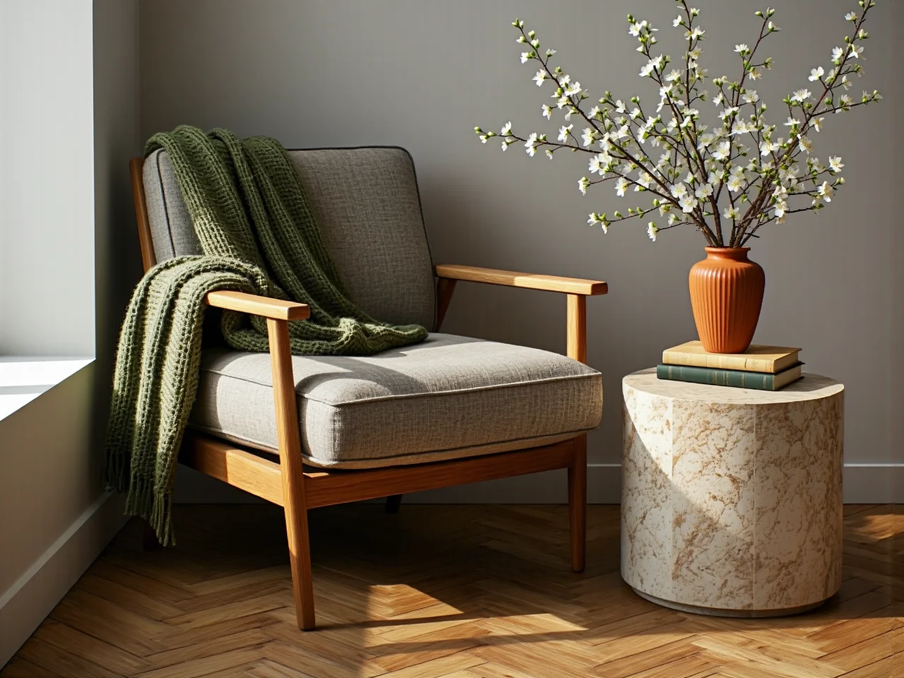 Modne kolory ścian i tekstyliów w odcieniach ziemi wprowadzające wiosenny klimat do sypialni.