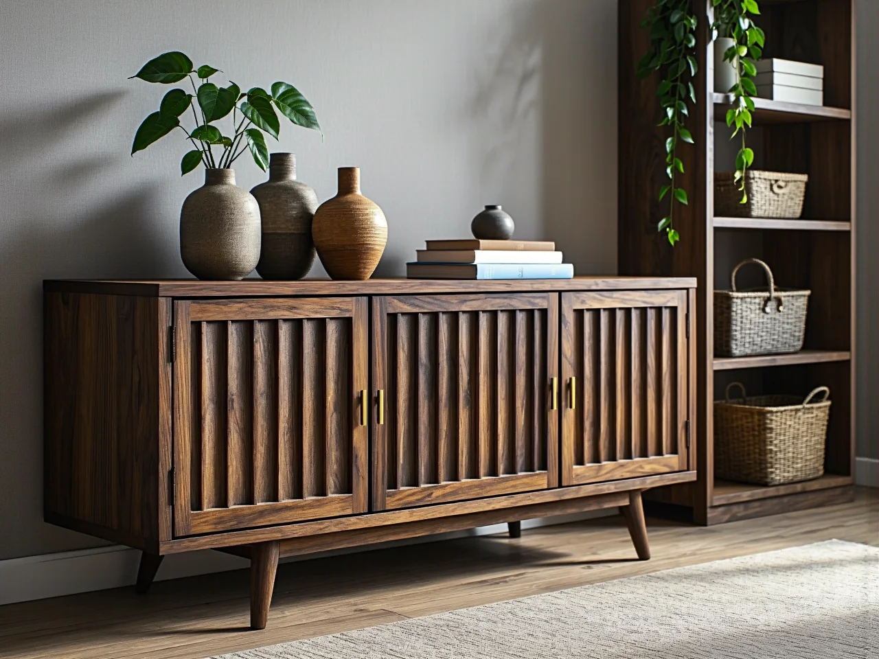 Modułowa sofa narożna w przestronnym salonie. Funkcjonalne meble tapicerowane.