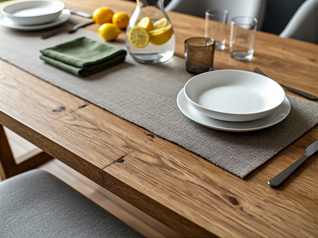 Stół w jadalni pięknie nakryty dla gości, tworzący ciepłą i gościnną atmosferę podczas spotkania.