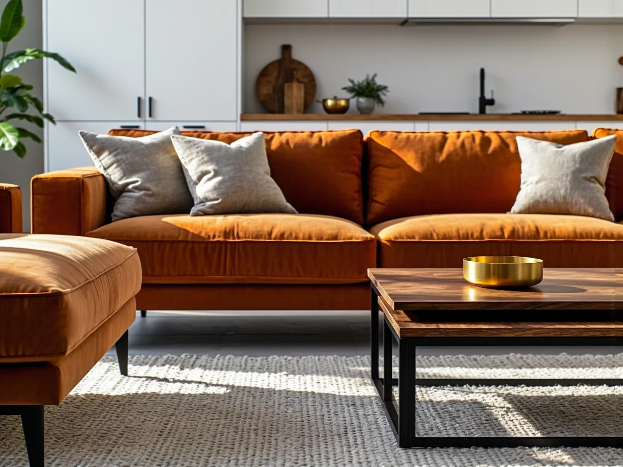 Narożnik w salonie z aneksem kuchennym jako naturalna granica między pomieszczeniami.