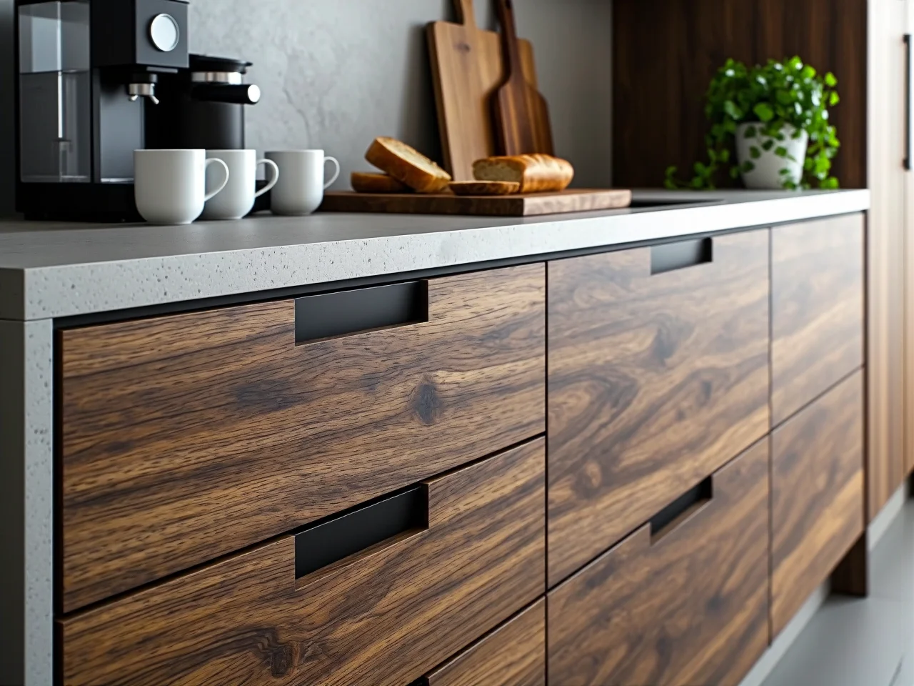 Nowoczesna kuchnia z drewnianymi frontami połączonymi z białą zabudową i kamiennym blatem.