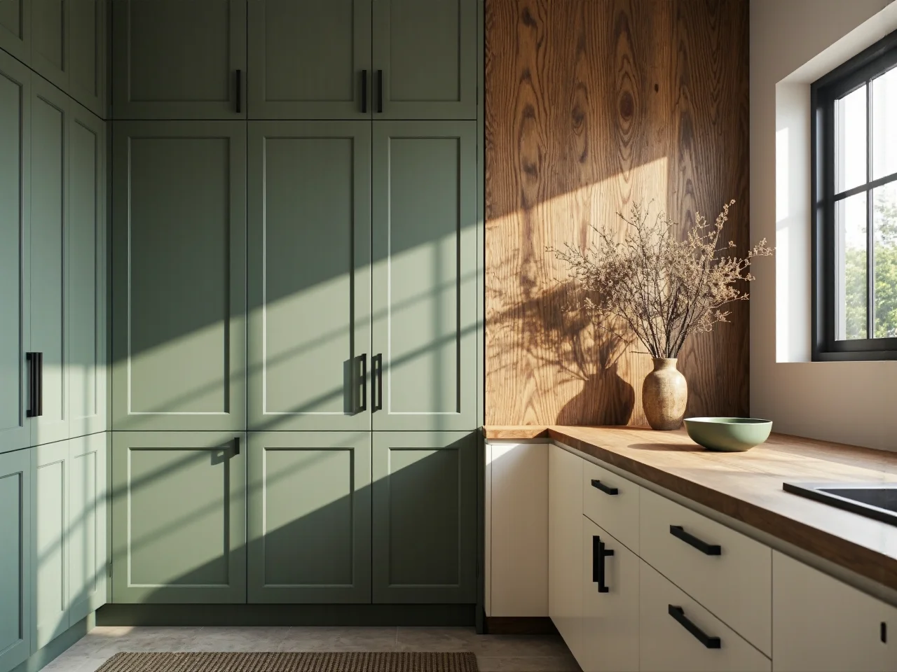 Praktyczna i stylowa kuchnia z wyspą łącząca matowe i błyszczące powierzchnie.