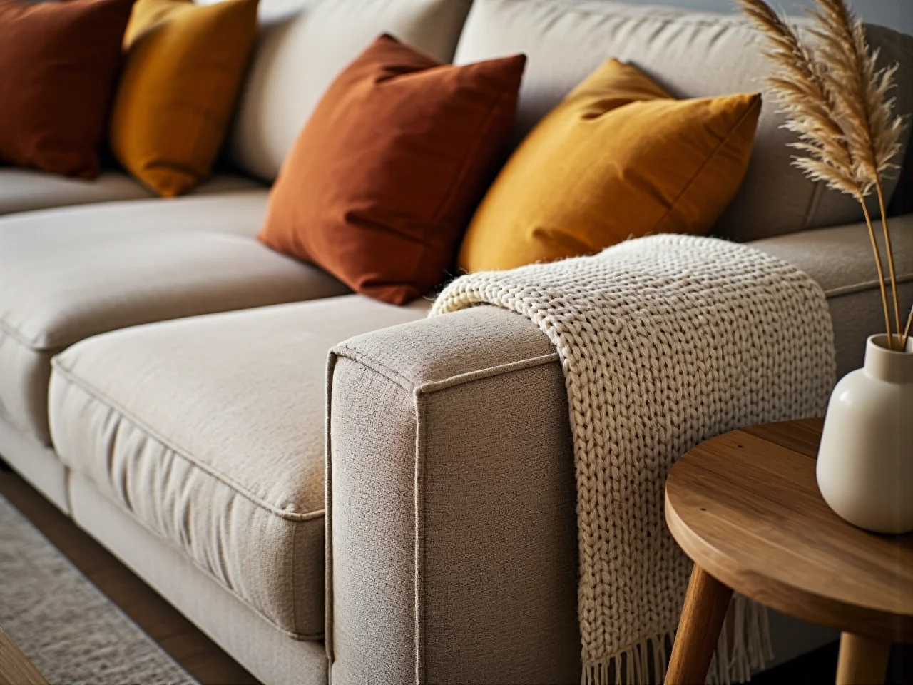 Nowoczesna sofa dwuosobowa w małym salonie, oszczędzająca przestrzeń.