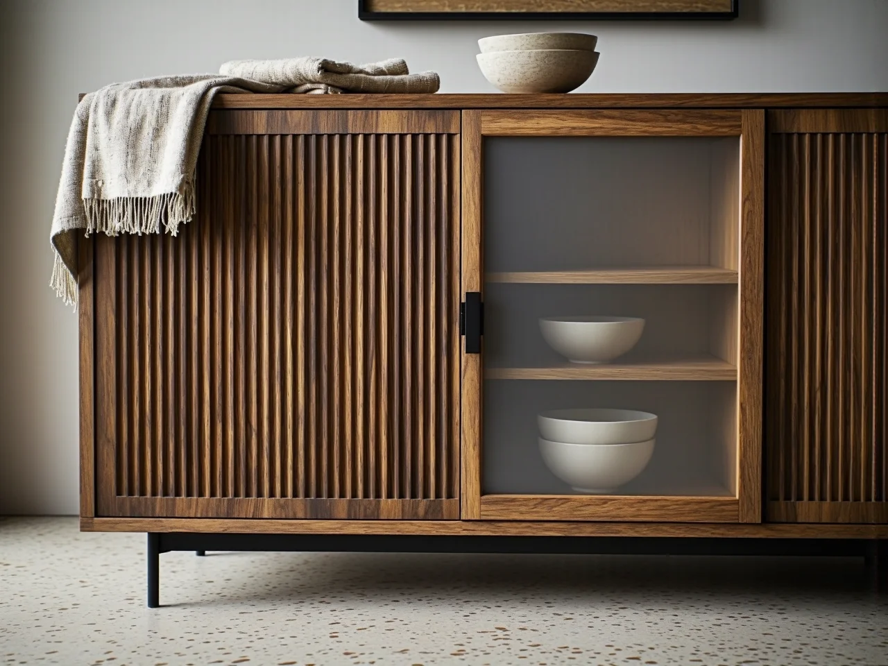 Głębokie kolory na nowoczesnych frontach meblowych w eleganckim salonie.