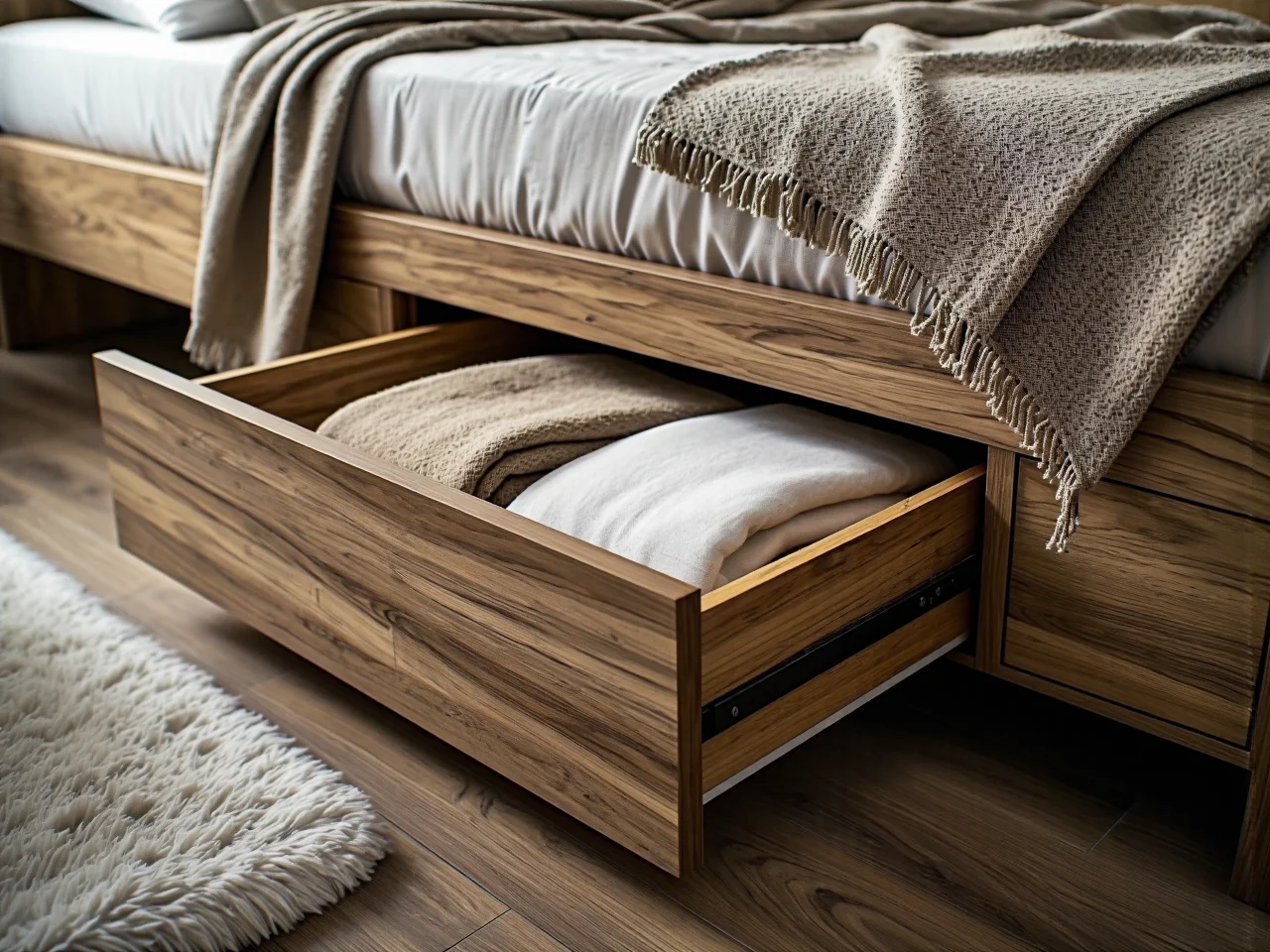 Nowoczesne łóżko z pojemnikiem w małej sypialni to oszczędność miejsca