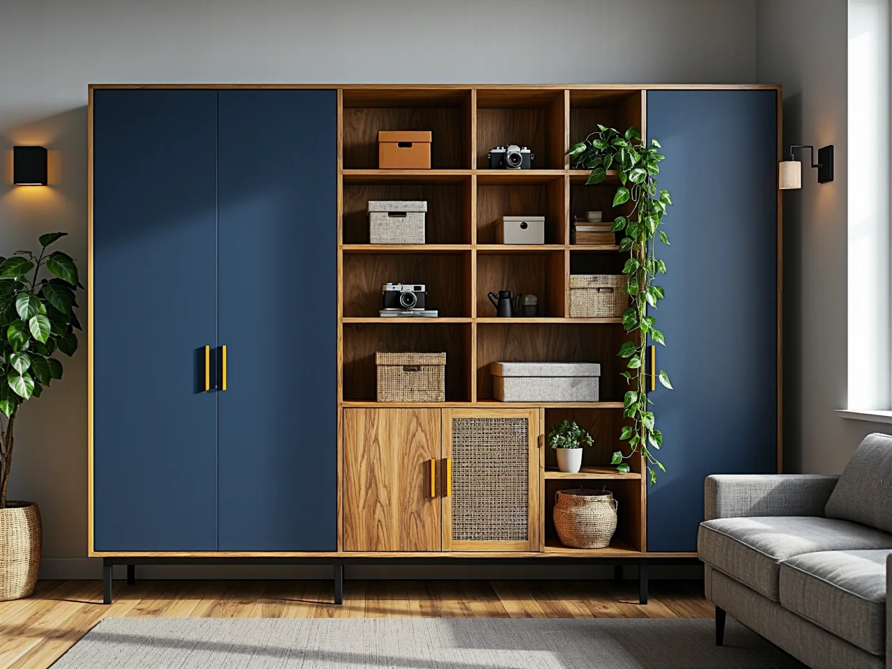 Funkcjonalne przechowywanie w pokoju młodzieżowym, pojemne szafy i nowoczesne regały ułatwiające organizację.