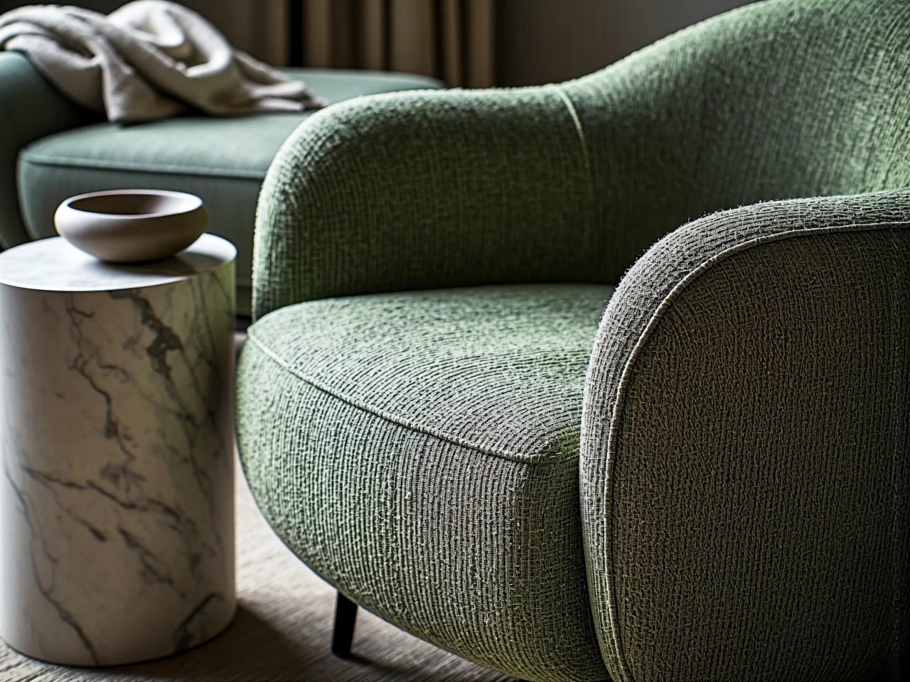 Fotel o obłych kształtach z dopasowanym owalnym stolikiem kawowym w przytulnym wnętrzu.