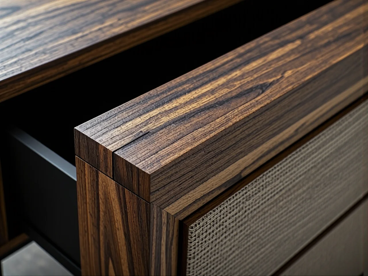 Zbliżenie na słoje naturalnego drewna - sprawdzona metoda oceny jakości materiałów meblowych.