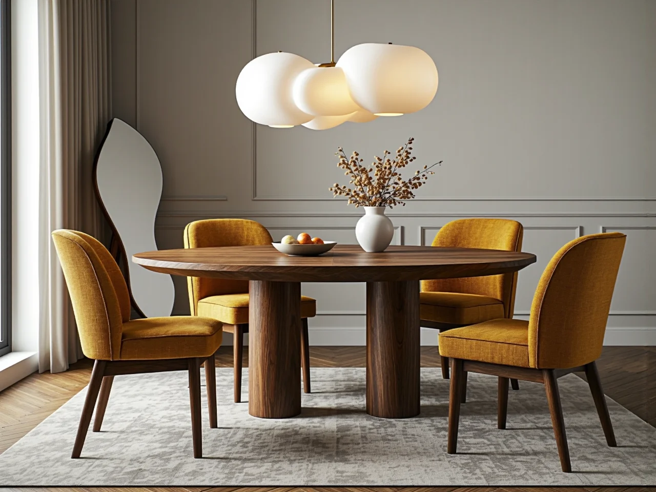 Miękkie formy w jadalni z okrągłym stołem i tapicerowanymi krzesłami o płynnych liniach.