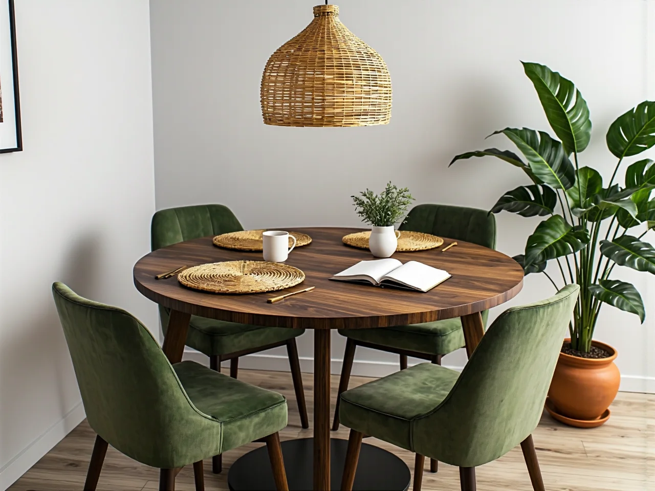 Okrągły stół w małej jadalni to świetne rozwiązanie na oszczędność miejsca
