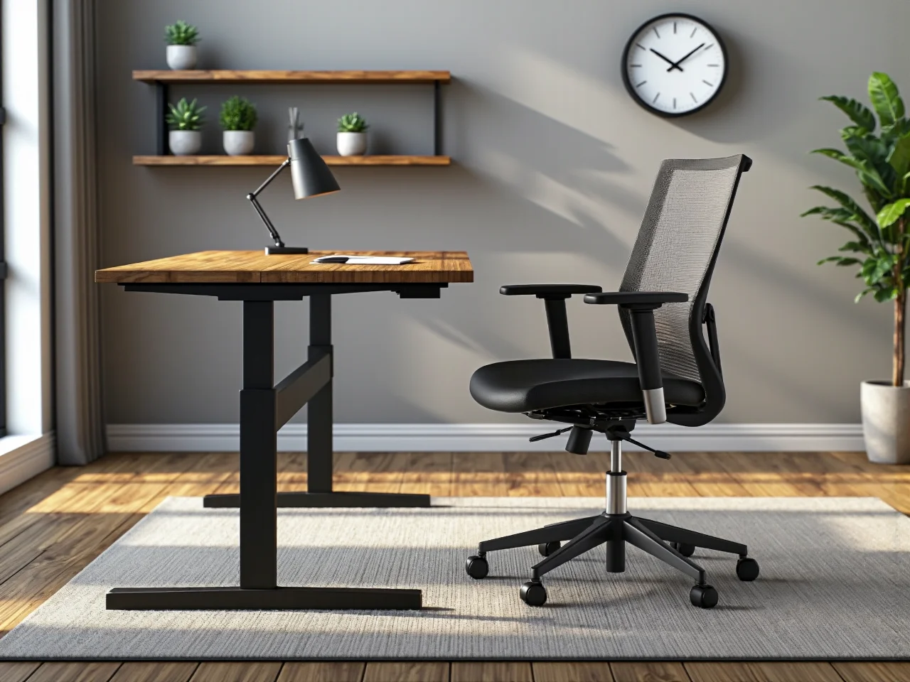 Zorganizowane miejsce do pracy z biurkiem, półkami i oświetleniem