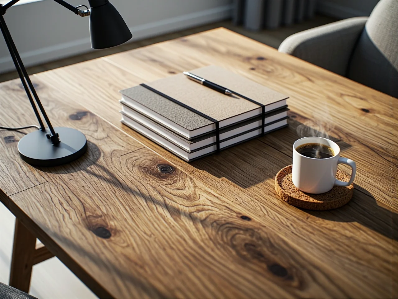 Uporządkowane miejsce pracy z laptopem, notatnikiem i zieloną rośliną doniczkową na biurku.