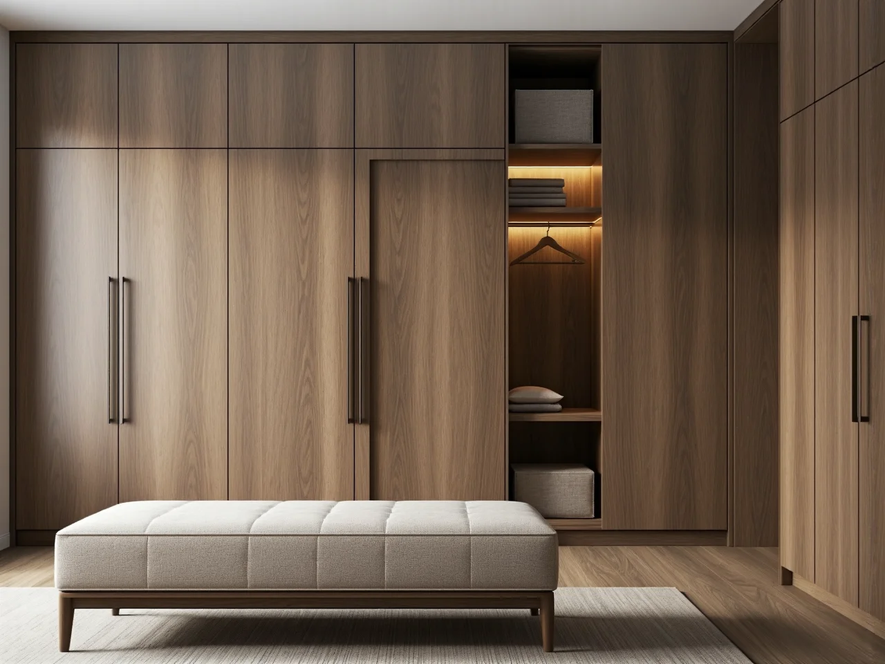 Nastrojowe oświetlenie i eleganckie dekoracje podkreślające nowoczesny wystrój sypialni.