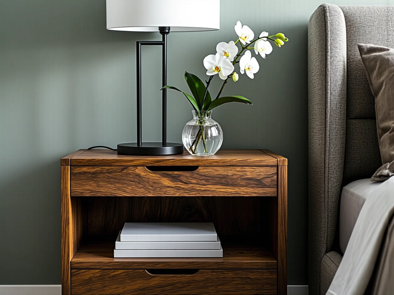 Nastrojowe oświetlenie w sypialni hotelowej z eleganckimi lampkami nocnymi po obu stronach łóżka.