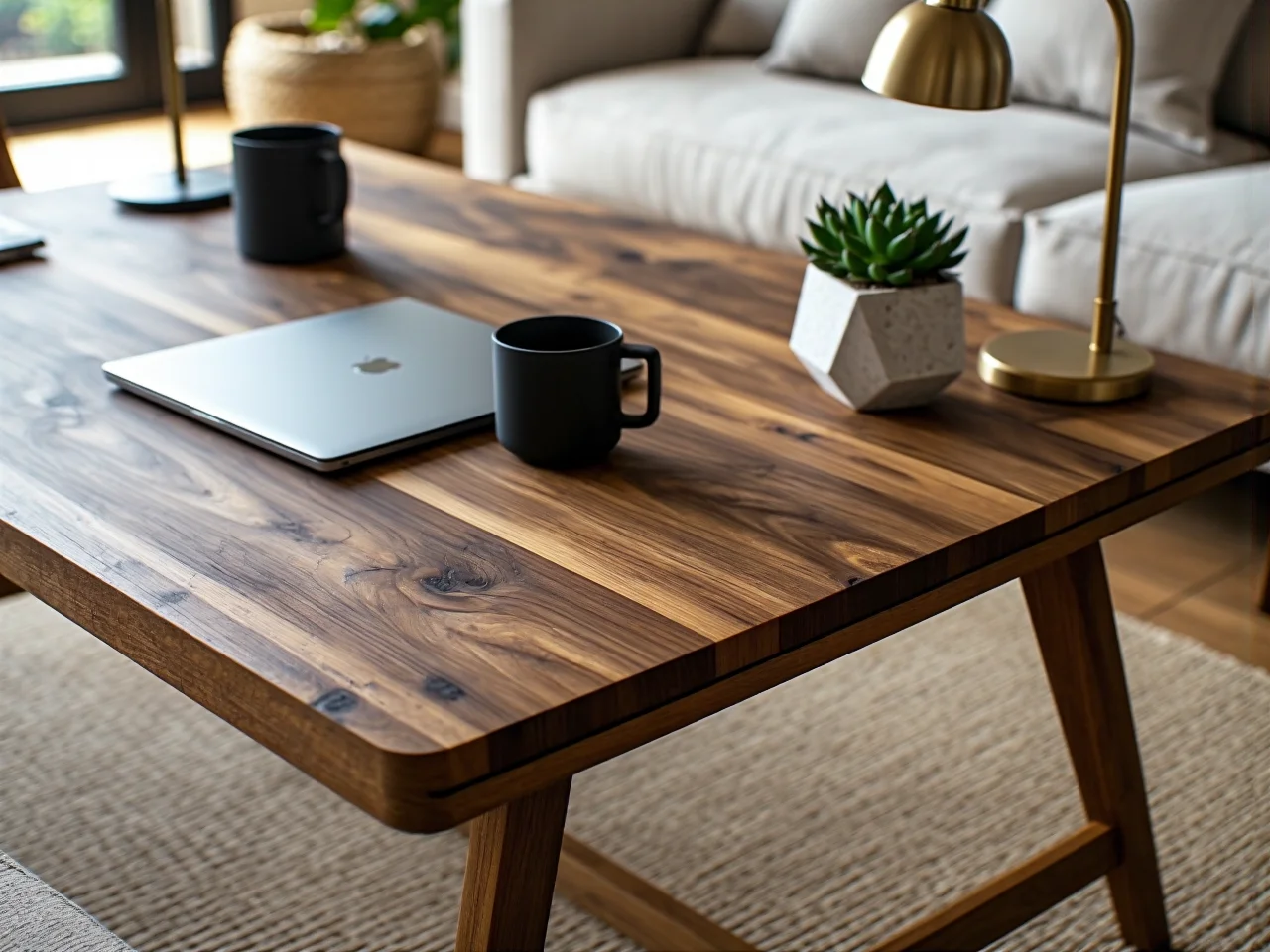 Sprytny podział stref w salonie z użyciem regału oddzielającego część wypoczynkową od biura.