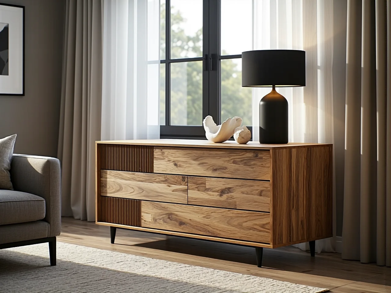 Pojemne szuflady w nowoczesnej komodzie ułatwiają organizację przestrzeni w salonie.