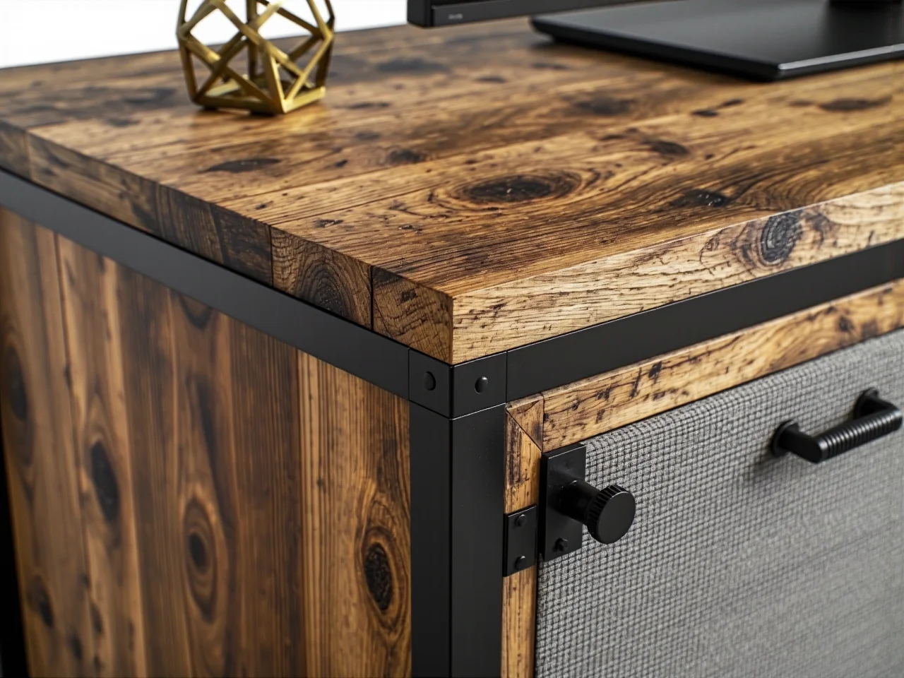 Pojemna szafka pod telewizor z ukrytymi kablami i szufladami na sprzęt audio oraz akcesoria.