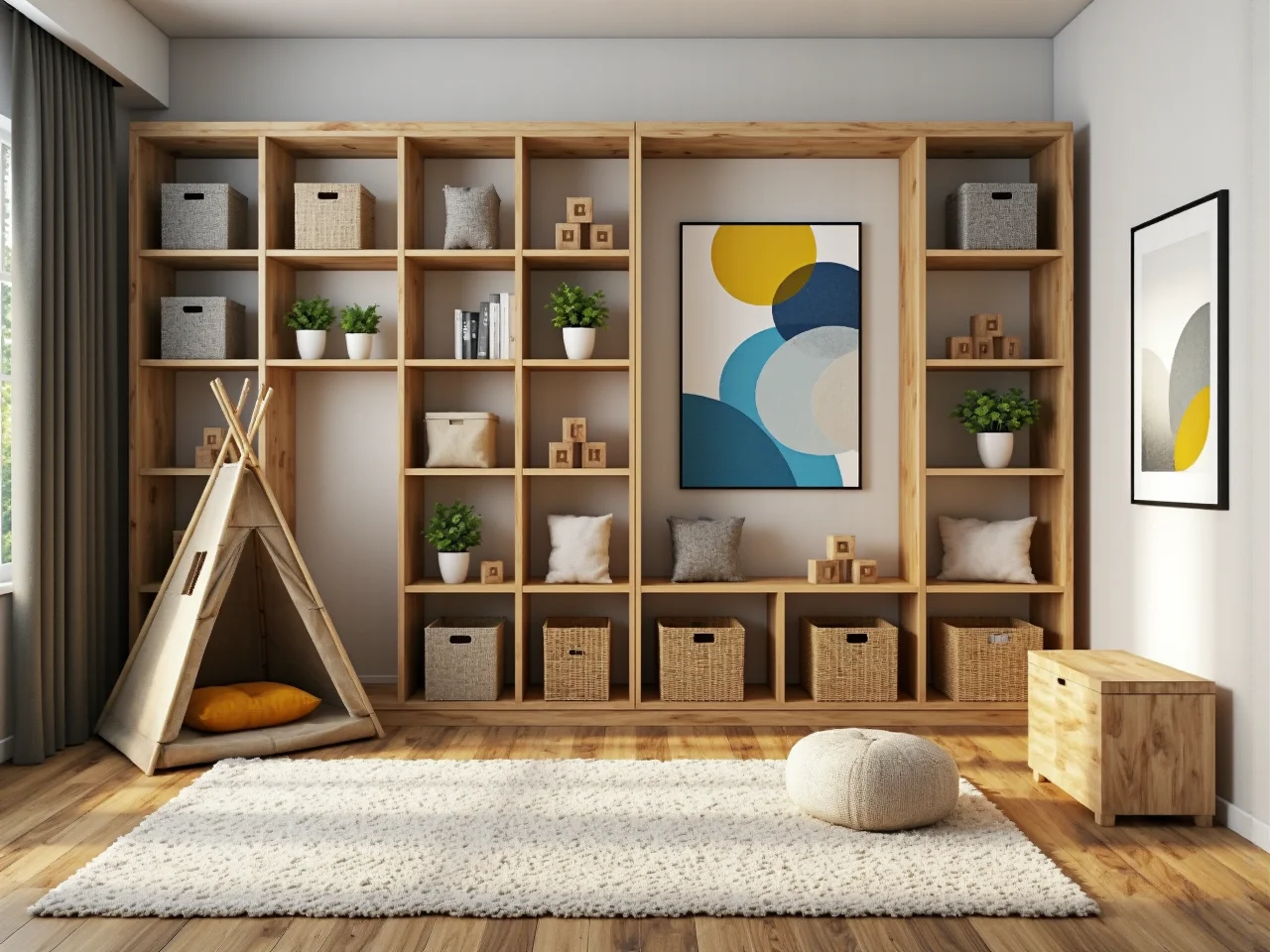 Pojemne meble i regały pomagające utrzymać porządek w strefie zabawy dla rodzeństwa.