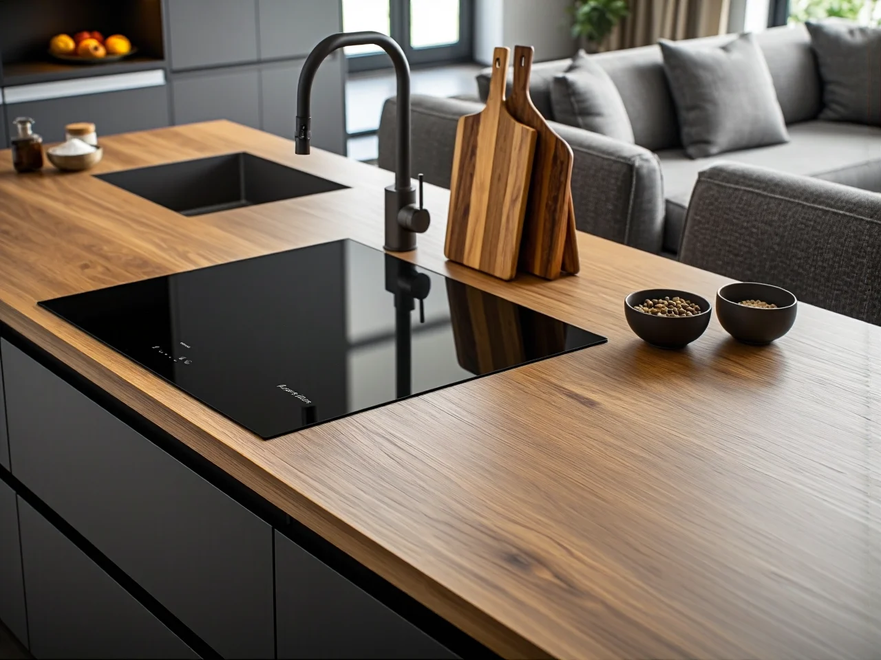 Aranżacja kuchni z praktyczną wyspą i wygodnymi hokerami do siedzenia.