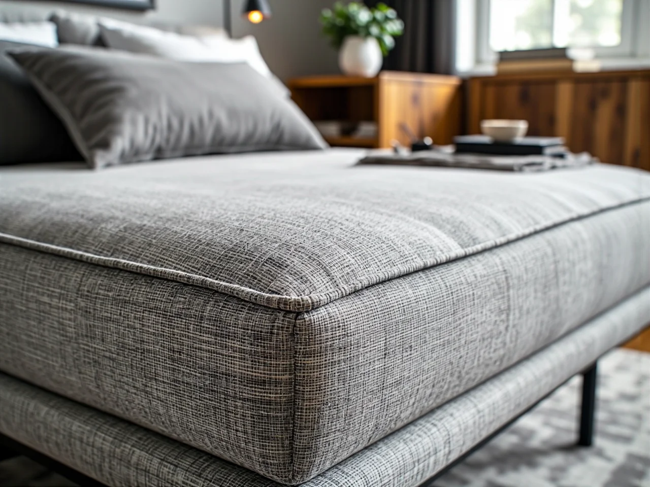 Przytulne dodatki i miękkie tekstylia w aranżacji funkcjonalnej małej sypialni.