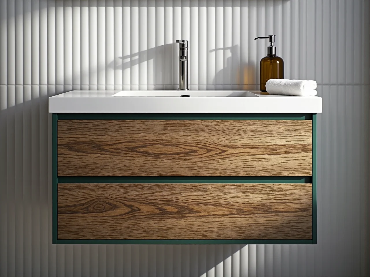 Detal ryflowanego frontu meblowego w zbliżeniu