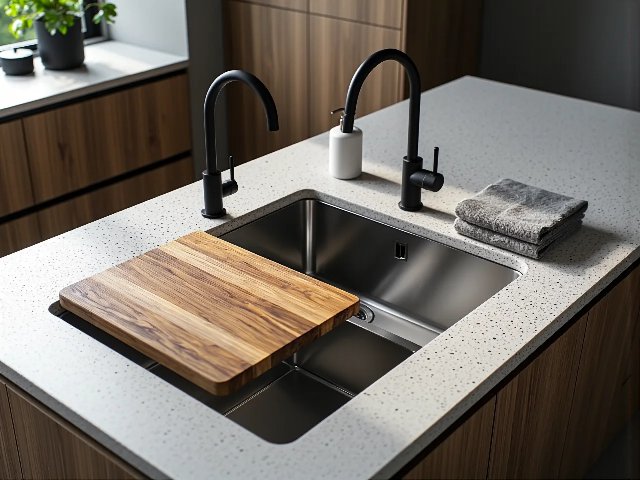 Składany stół i wielofunkcyjne meble idealne do niewielkiego aneksu kuchennego.