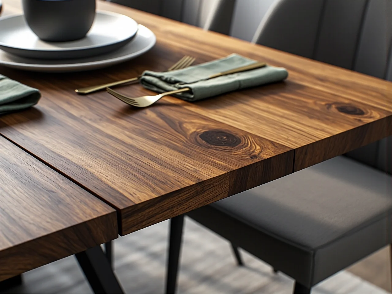 Solidny dębowy stół do jadalni ukazujący piękną strukturę drewna.